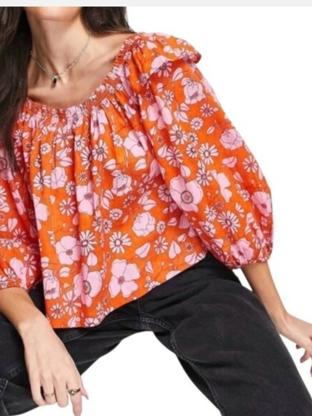 Free People Orange Blouson Top with Pink Floral Print